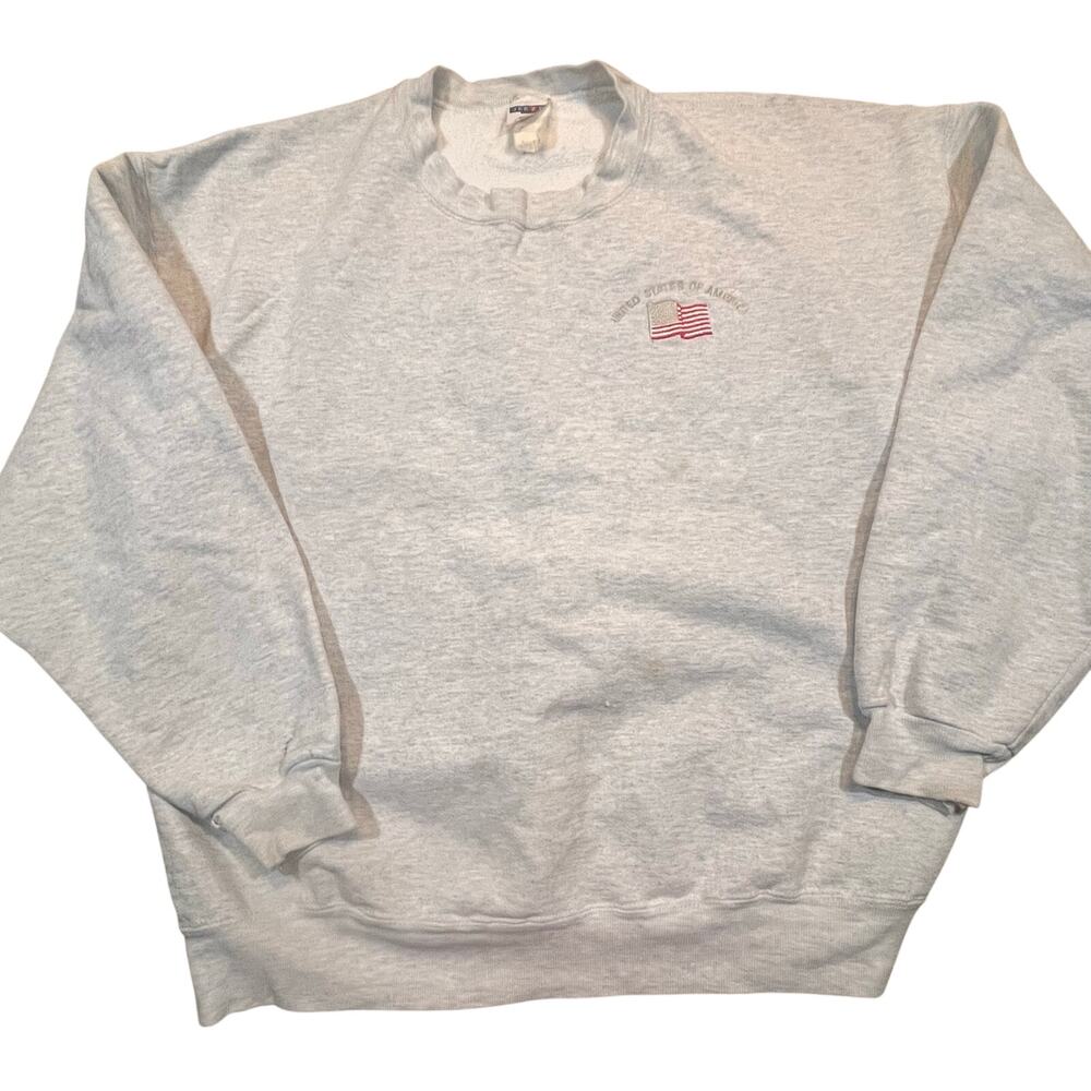 Vintage Jerzees Men XL Gray‎ Crewneck USA Flag Embroidery Patriotic Americana